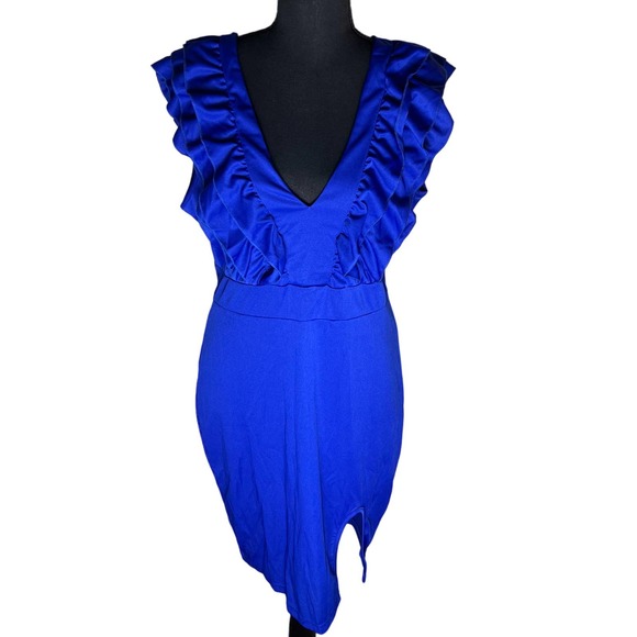 Women's Sexy Ruffle Mini Dress Deep V Neck Sleeveless Backless Side Slit - Picture 1 of 2